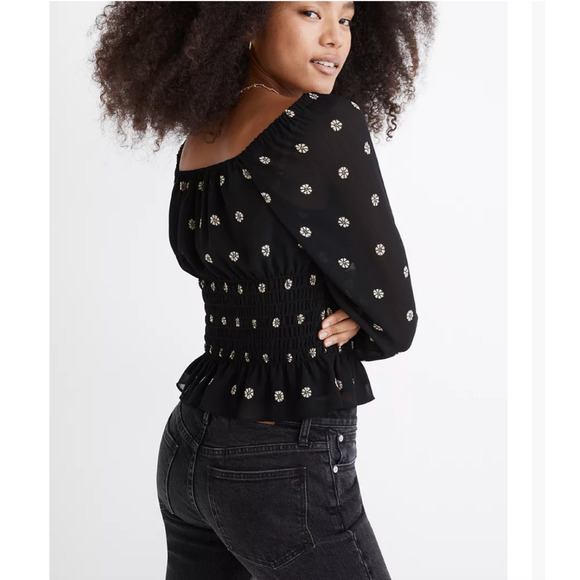 NWT Madewell Black Floral Print Square-Neck Smock-Waist Top - Picture 7 of 10